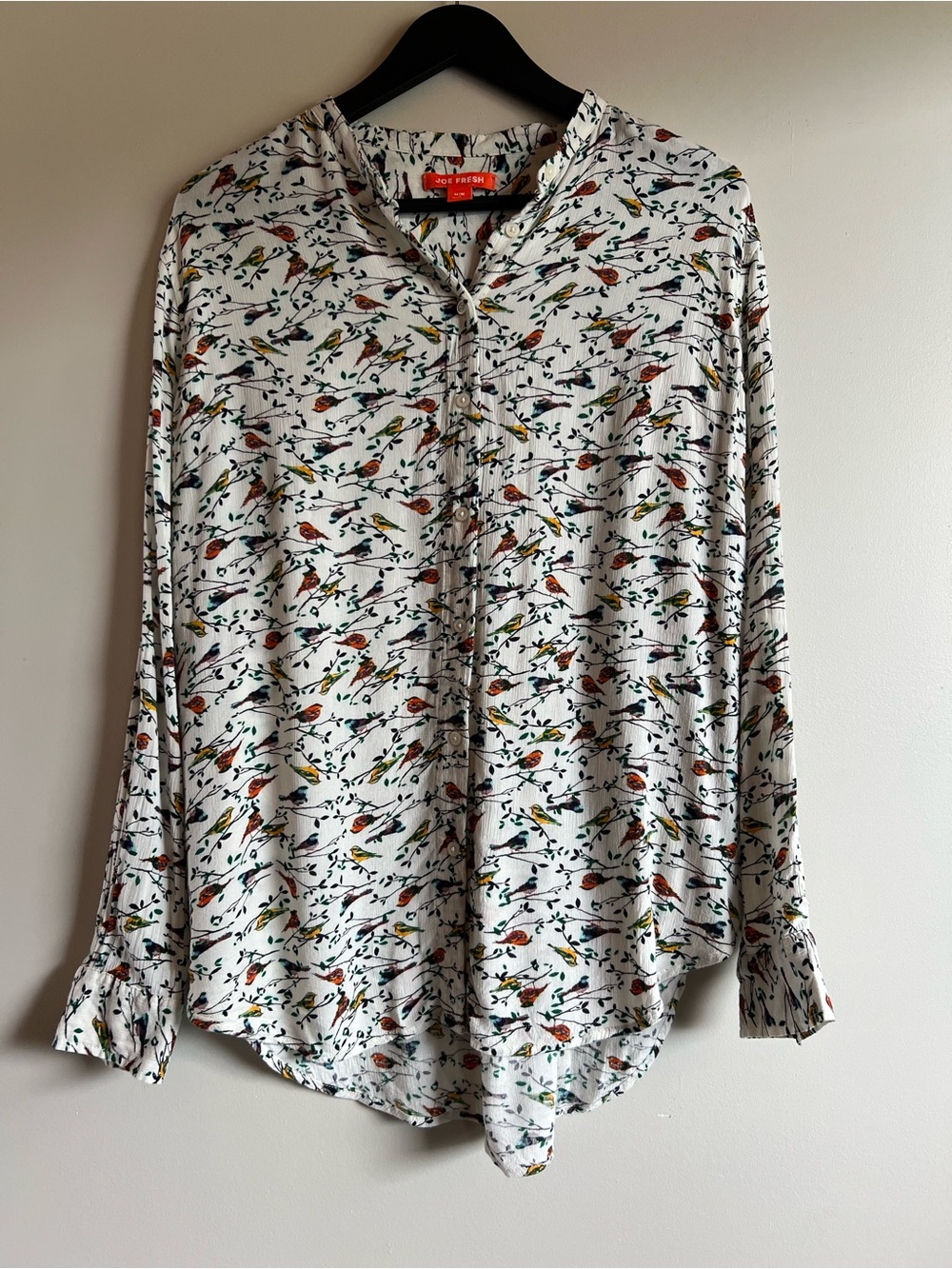 Joe Fresh Bird Print Button Front Blouse White Roll Tab Sleeve Tunic Medium